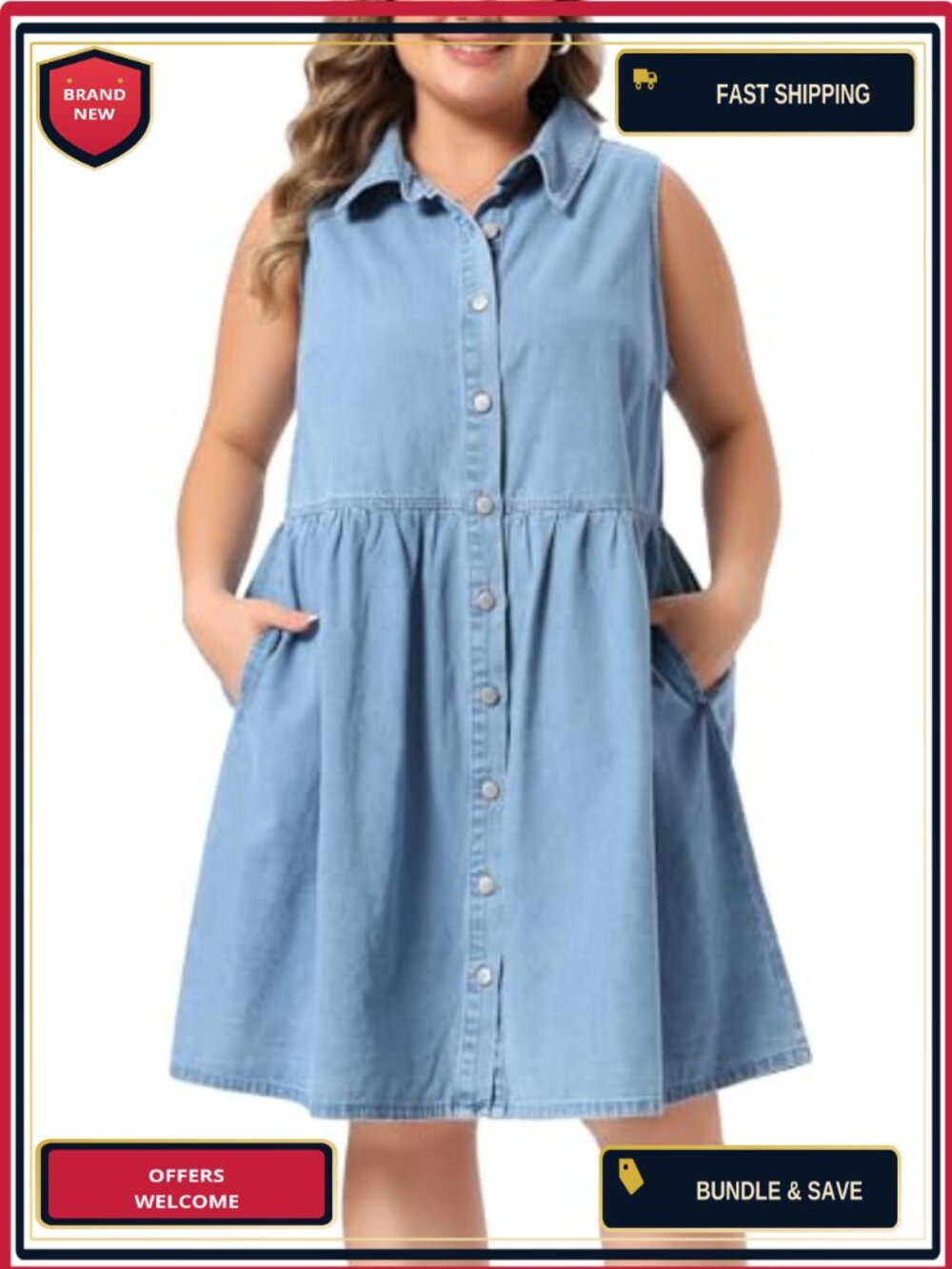 Sleeveless Babydoll Denim Dress Plus Size Button